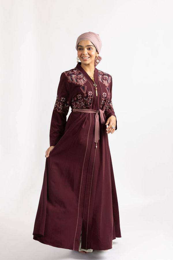 Maroon Embroidered Turkish Abaya