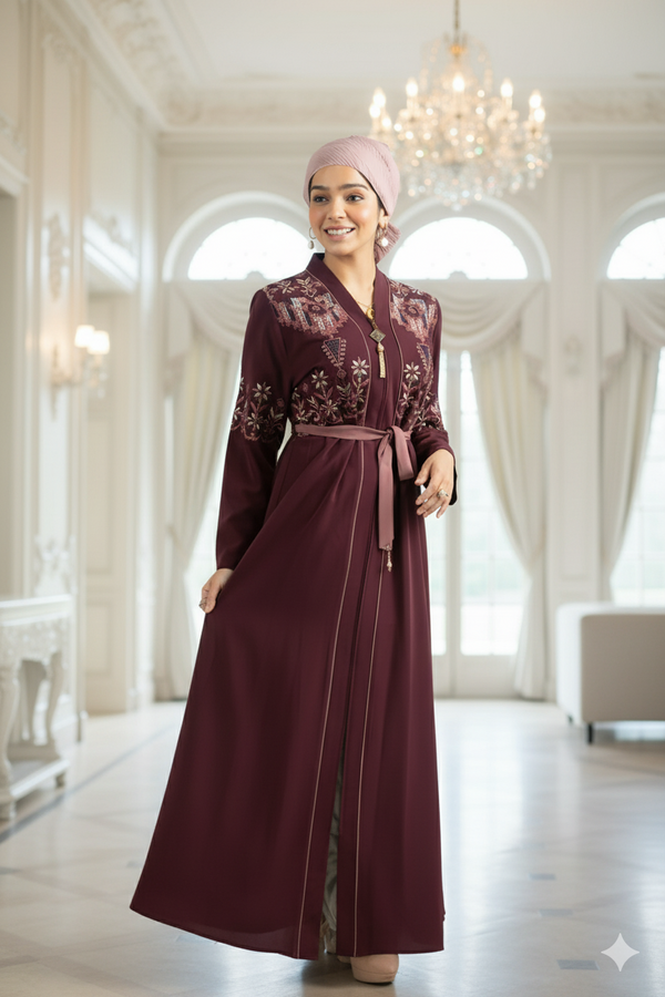 Maroon Embroidered Turkish Abaya