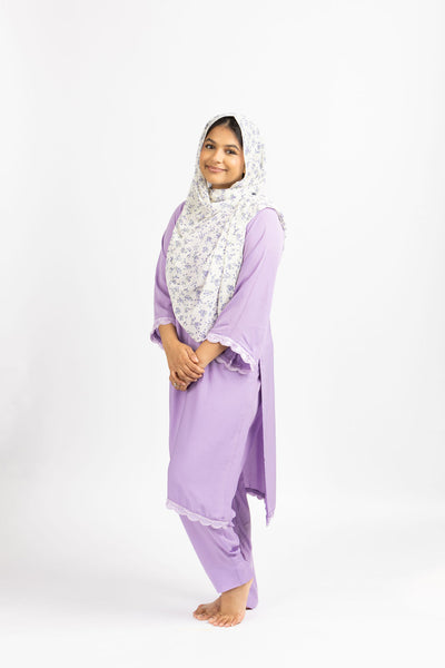 Charming Lavender Abaya with Delicate Lace Trim