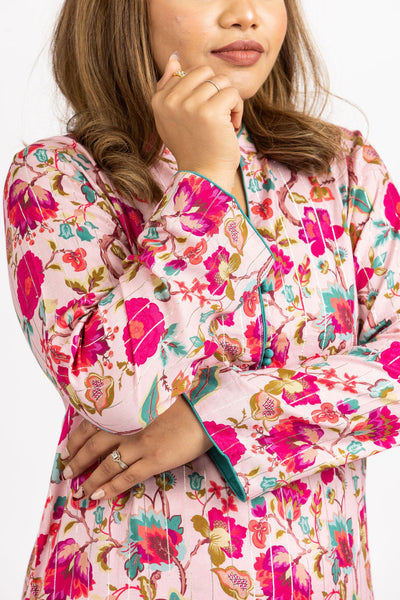 Pink Floral Printed Cotton Blend Two Piece Co-ord Set