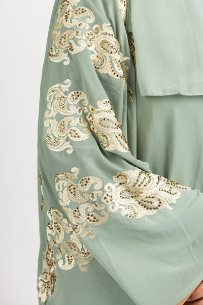 Sage Green and Brown Embroidered Butterfly Abaya