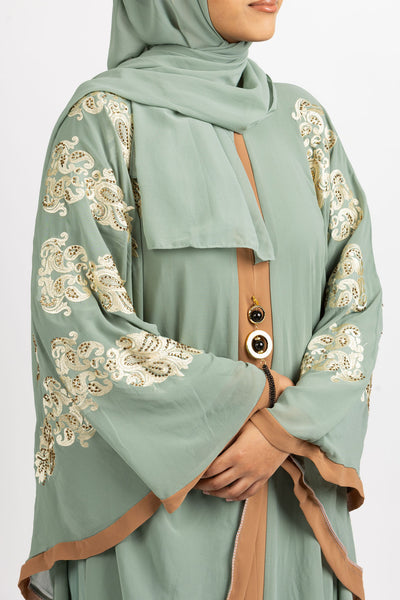 Sage Green and Brown Embroidered Butterfly Abaya