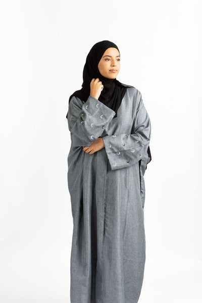 Blue Grey Embroidered Cotton Blend Open Front Abaya