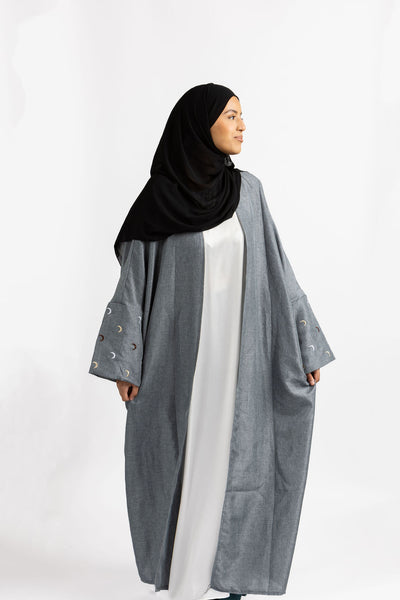 Blue Grey Embroidered Cotton Blend Open Front Abaya