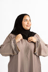 Brown Beige Satin Stonework Abaya