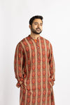 Men's Traditional Red Kurta with Ornate Pattern