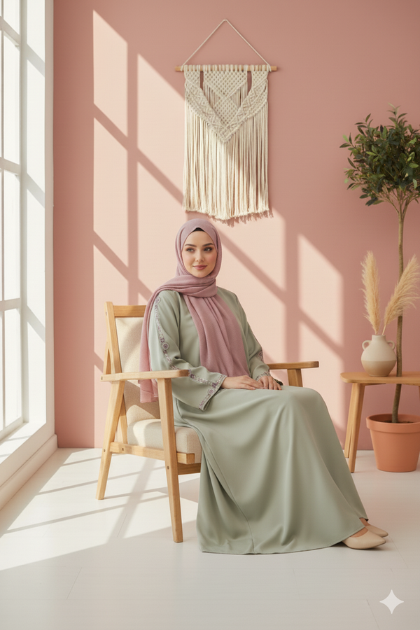 Sage Green Satin Stonework Abaya