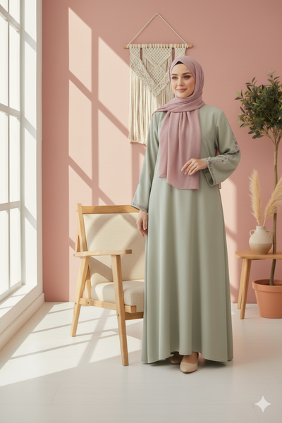 Sage Green Satin Stonework Abaya