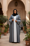 Blue Grey Embroidered Cotton Blend Open Front Abaya