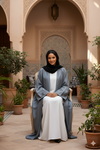 Blue Grey Embroidered Cotton Blend Open Front Abaya
