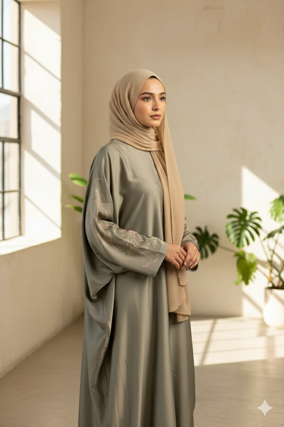 Grey Beige Stonework Satin Abaya