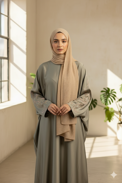 Grey Beige Stonework Satin Abaya