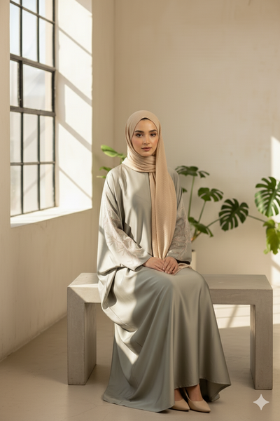 Grey Beige Stonework Satin Abaya