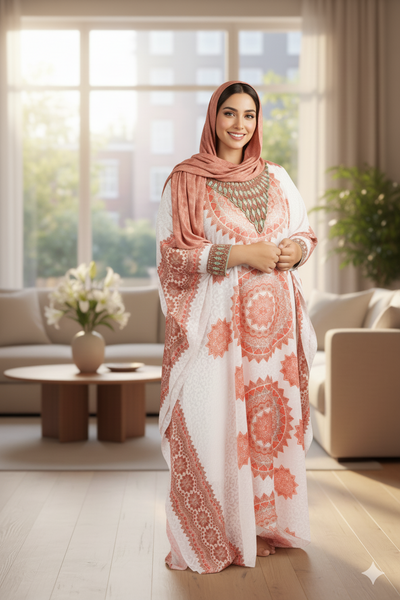 Orange Print Embroidered Kaftan Abaya