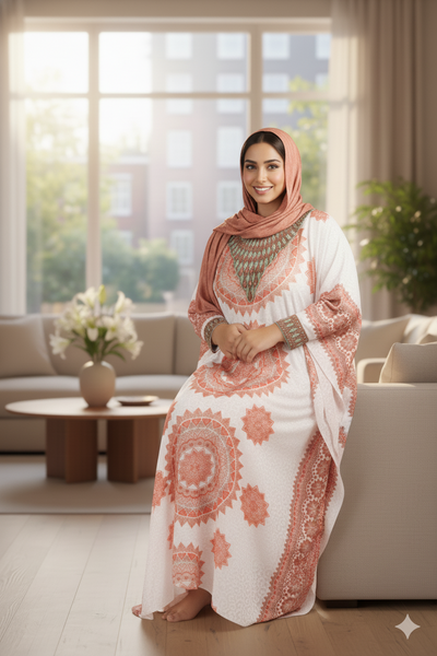 Orange Print Embroidered Kaftan Abaya