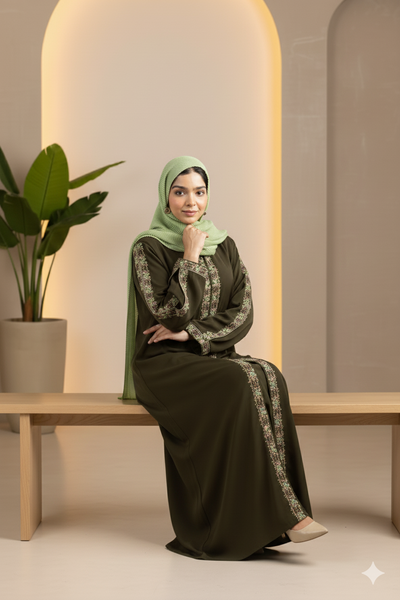 Olive Green Embroidered Turkish Abaya