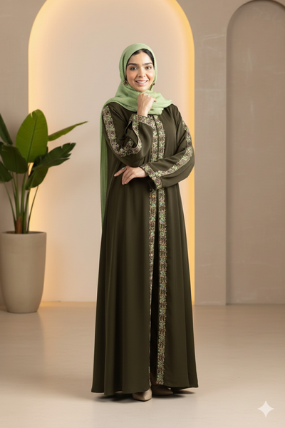 Olive Green Embroidered Turkish Abaya